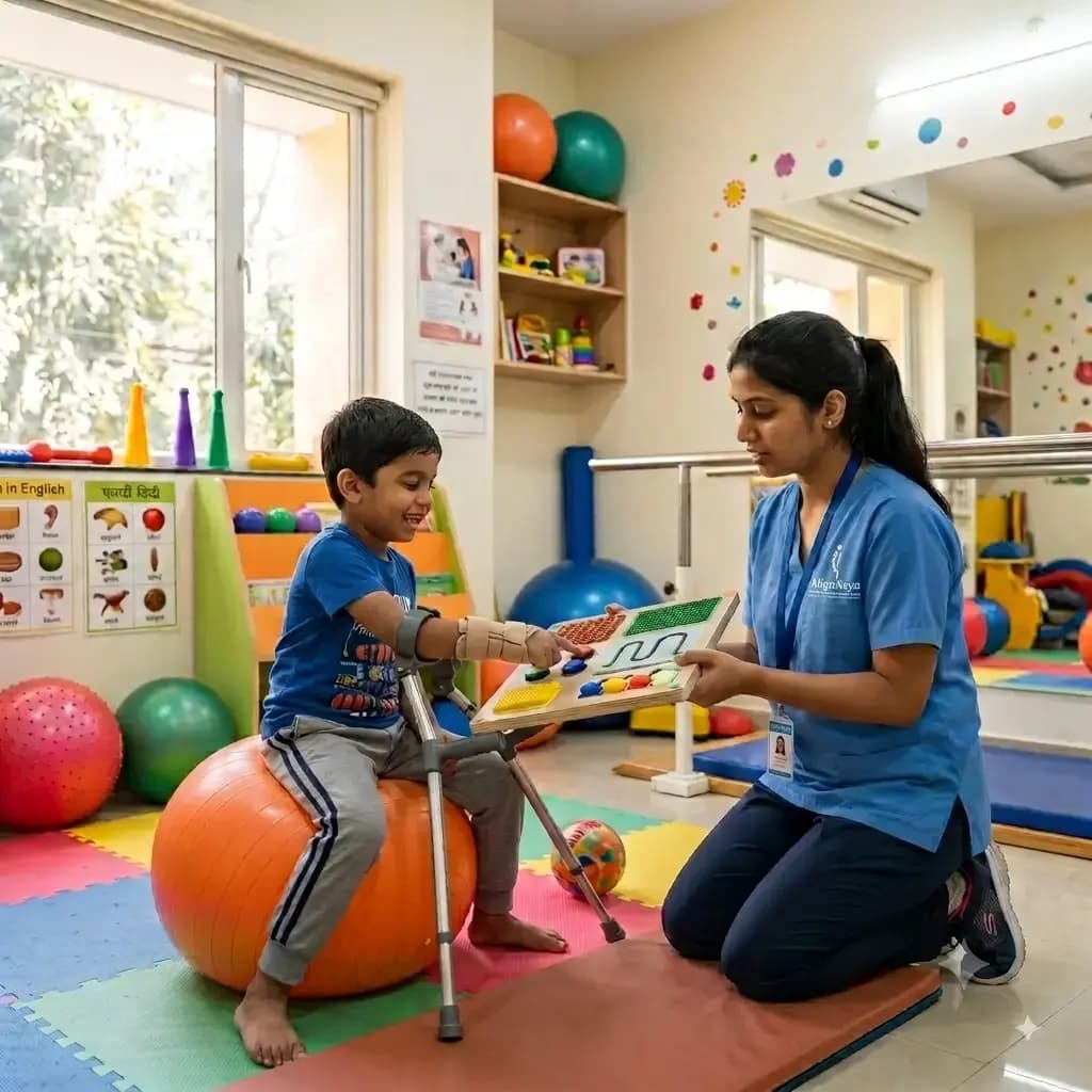 Physiotherapist guiding a child through a movement exercise