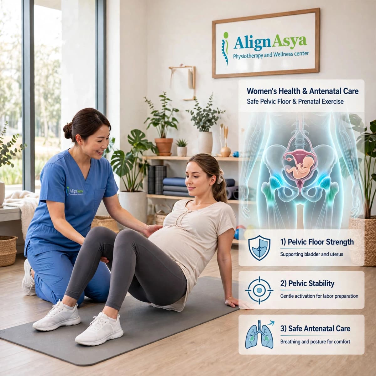 Physiotherapist guiding a pregnant patient through a gentle antenatal exercise