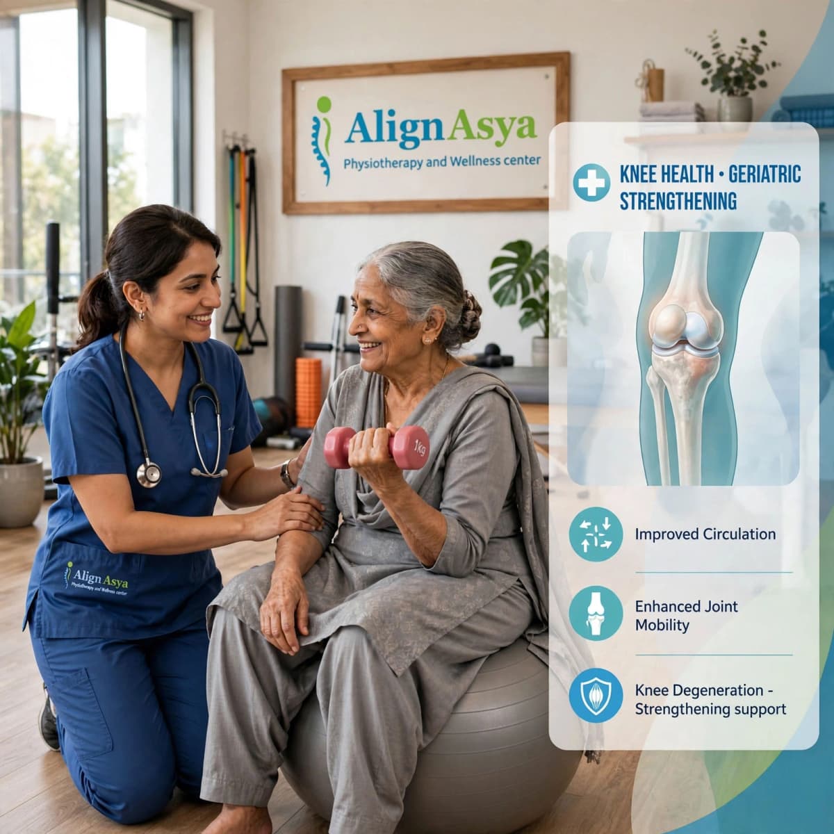 Physiotherapist supporting an older adult through a balance exercise
