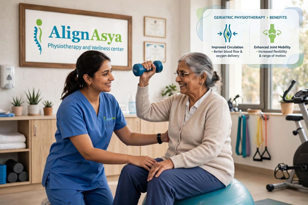Physiotherapist assisting an older patient with a gentle mobility exercise