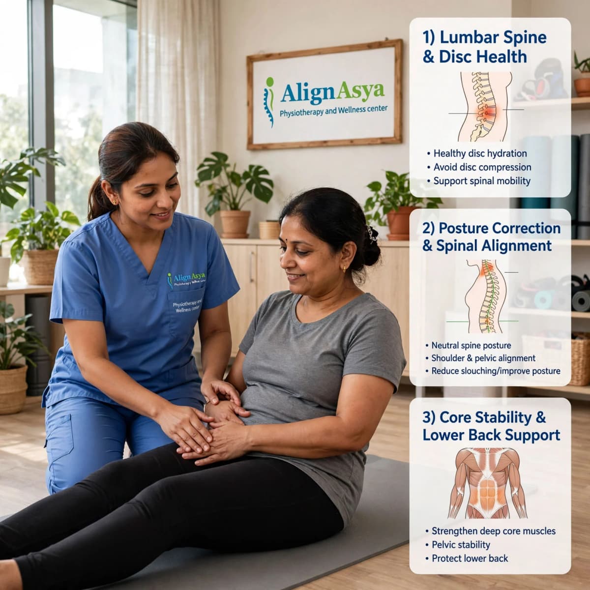 Physiotherapist supporting a new mother through a postnatal recovery exercise