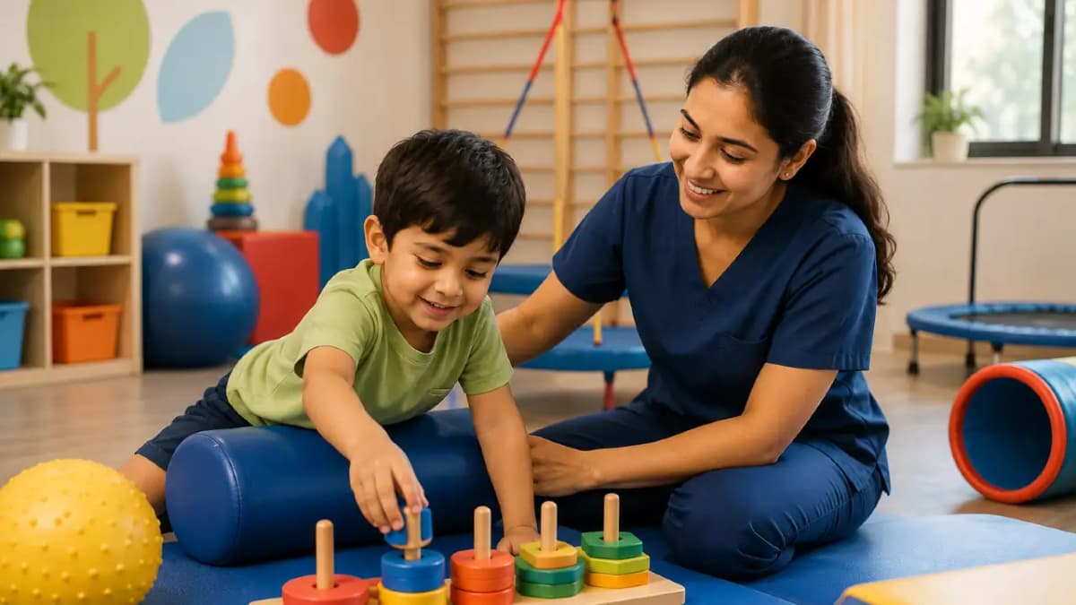 Physiotherapist working with a child during a movement session